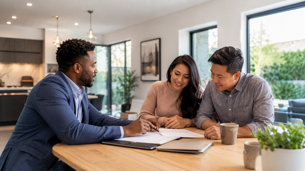 Real estate agent meeting with clients while building a stronger real estate business