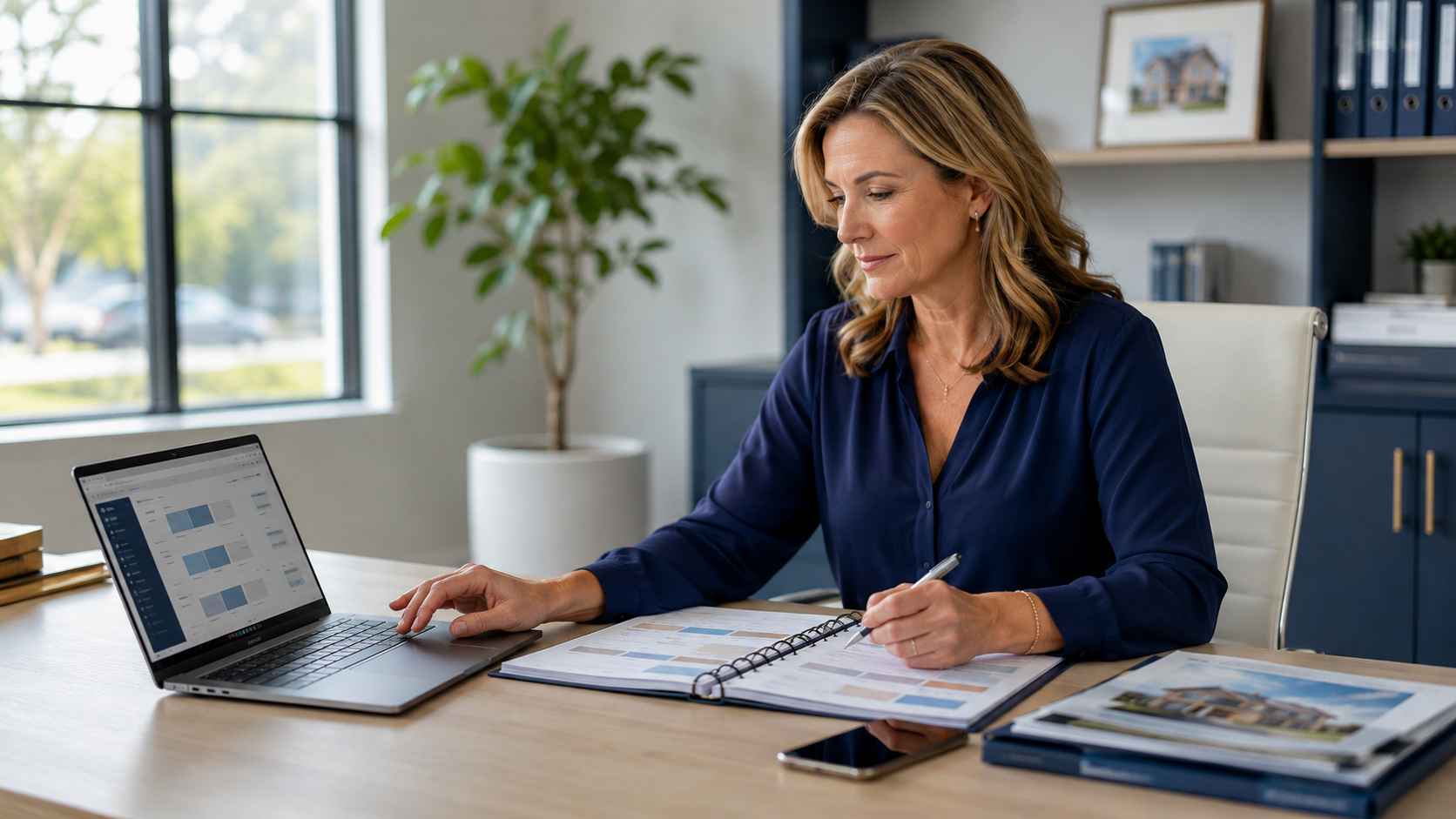 Real estate professional using a laptop and organized planner to manage her business systems in a modern office.