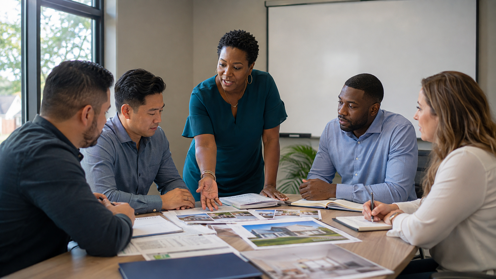 Diverse real estate professionals participating in a brokerage training and agent development meeting around a table in a modern office.