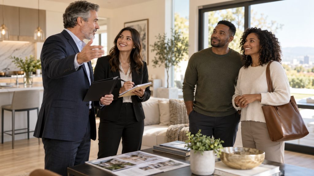 Real estate agent guiding prospective buyers through a home showing while building client relationships and professional experience.