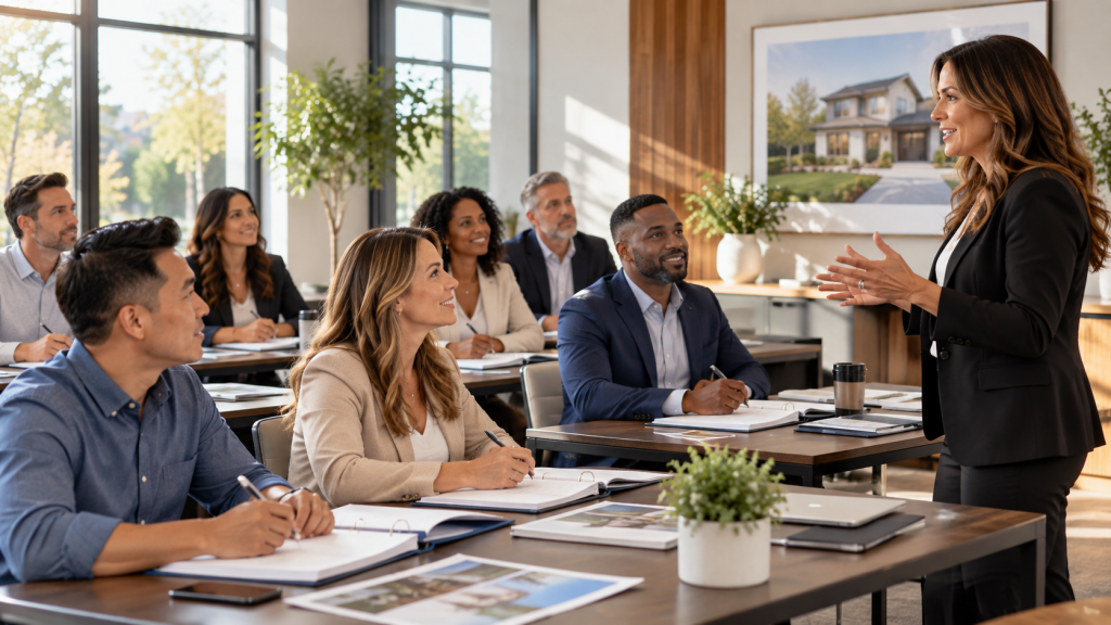 Real estate professionals attending a continuing education seminar in a modern classroom.