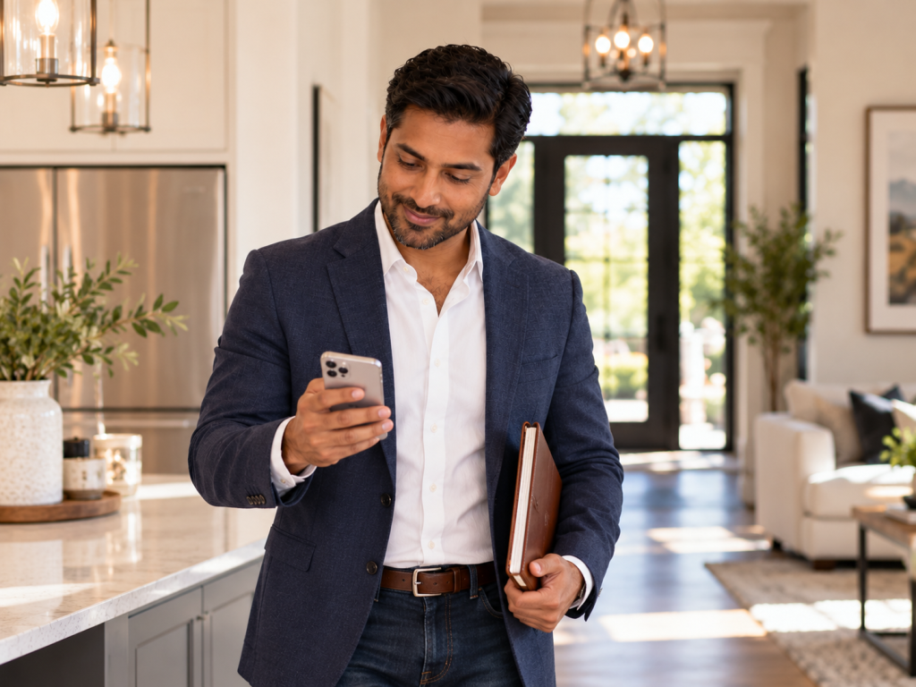 Real estate agent checking his phone while working between client appointments in a home.