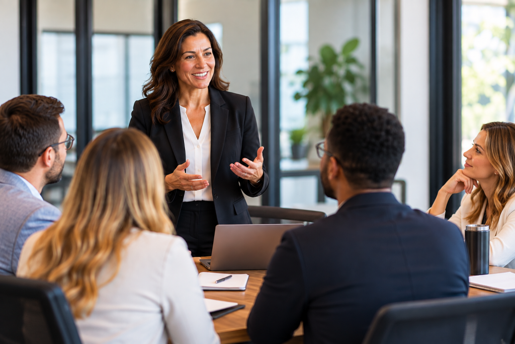 Texas real estate broker leading a professional meeting with agents