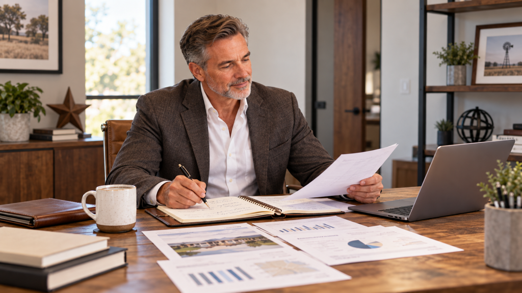 Experienced real estate agent reviewing business performance reports and planning priorities for the coming year.
